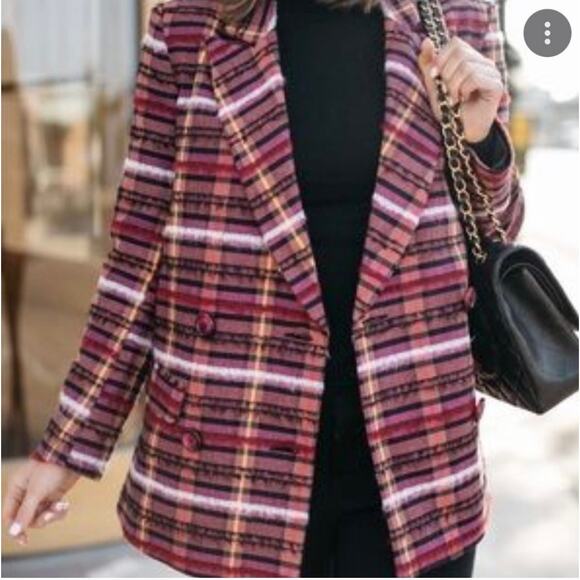 Topshop Madras Plaid Fringe Blazer Jacket Academia Pink Orange Fuzzy Preppy 2 - Picture 1 of 5